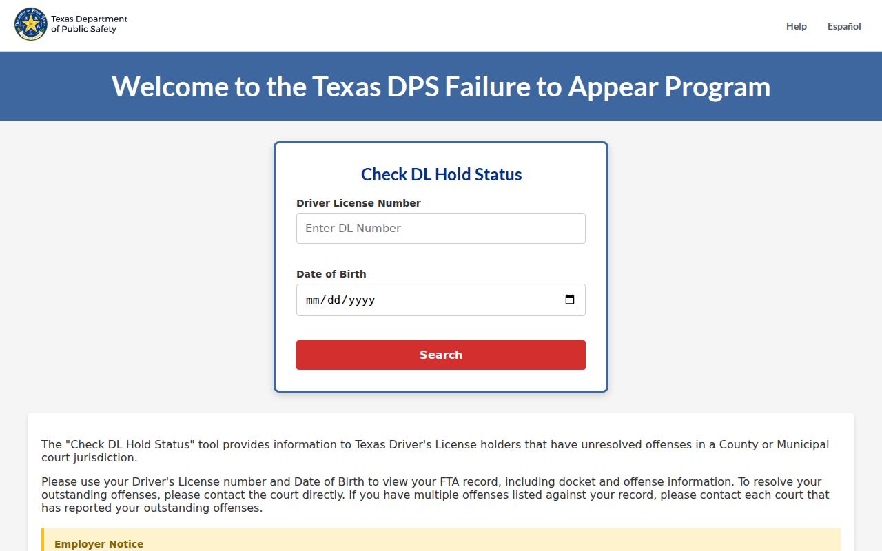 Baylor County warrant records: Texas FTA status interface fields