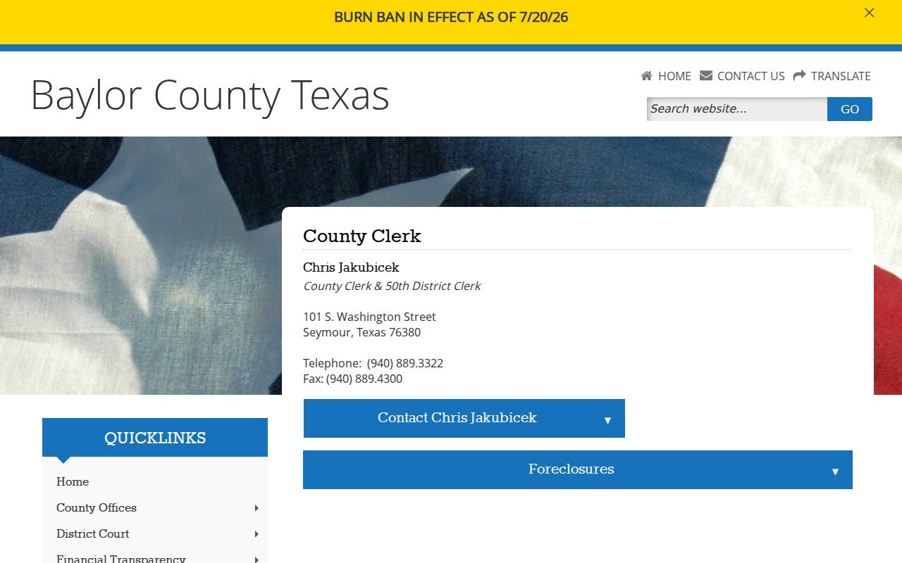 Baylor County warrant records: combined County and District Clerk contact information