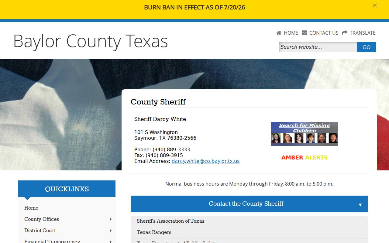 Baylor County warrant records: sheriff office contact information
